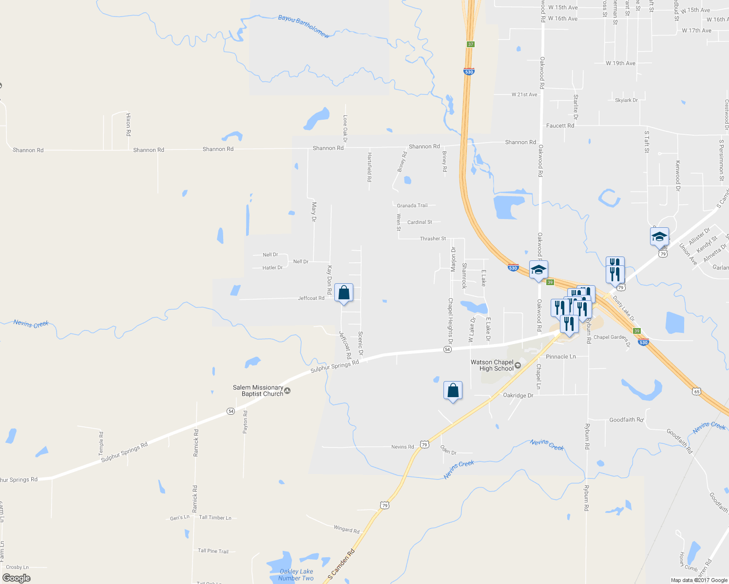 map of restaurants, bars, coffee shops, grocery stores, and more near 3407 Scenic Drive in Pine Bluff
