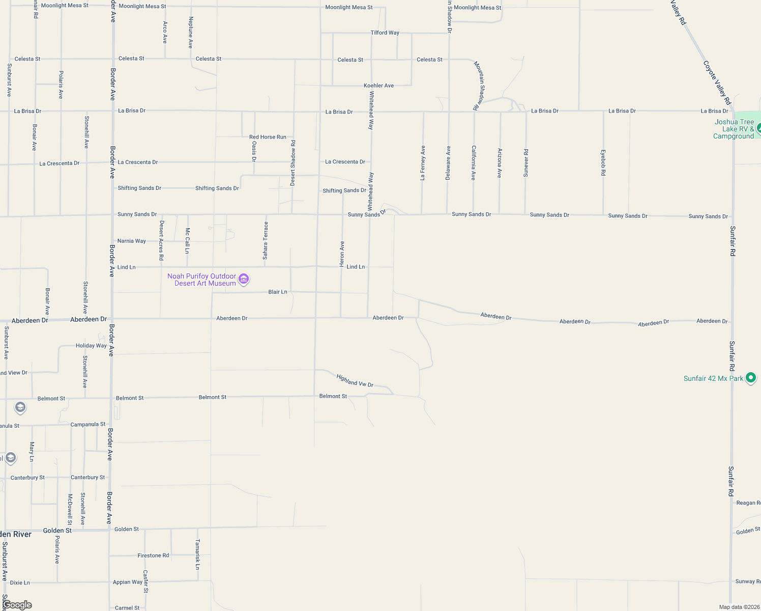 map of restaurants, bars, coffee shops, grocery stores, and more near 63536 Aberdeen Drive in Joshua Tree