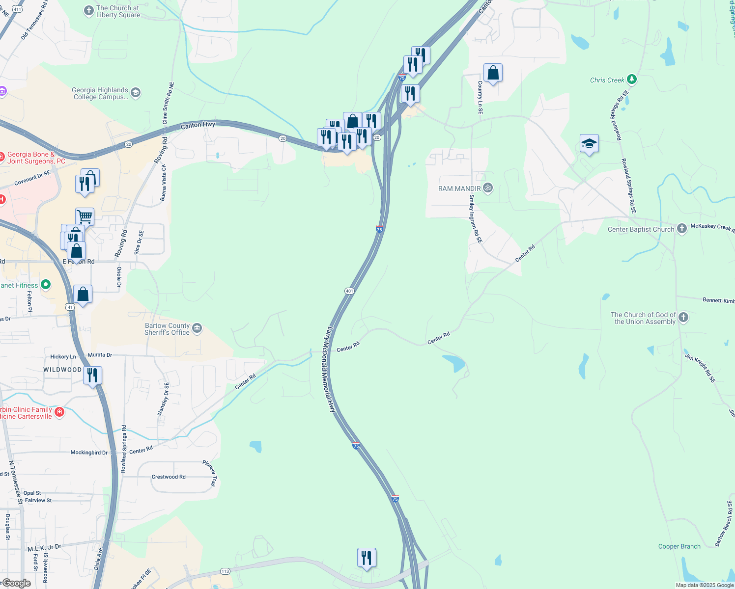 map of restaurants, bars, coffee shops, grocery stores, and more near 30 Ponders Road in Cartersville