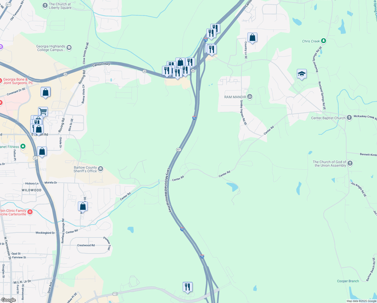 map of restaurants, bars, coffee shops, grocery stores, and more near 30 Ponders Road in Cartersville