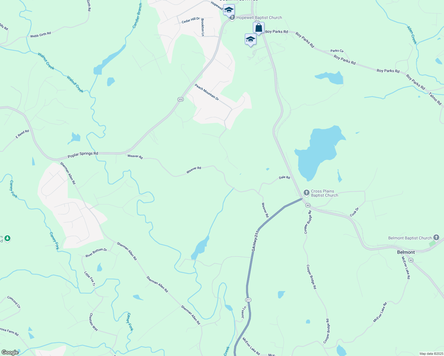 map of restaurants, bars, coffee shops, grocery stores, and more near 4974 Weaver Road in Gainesville