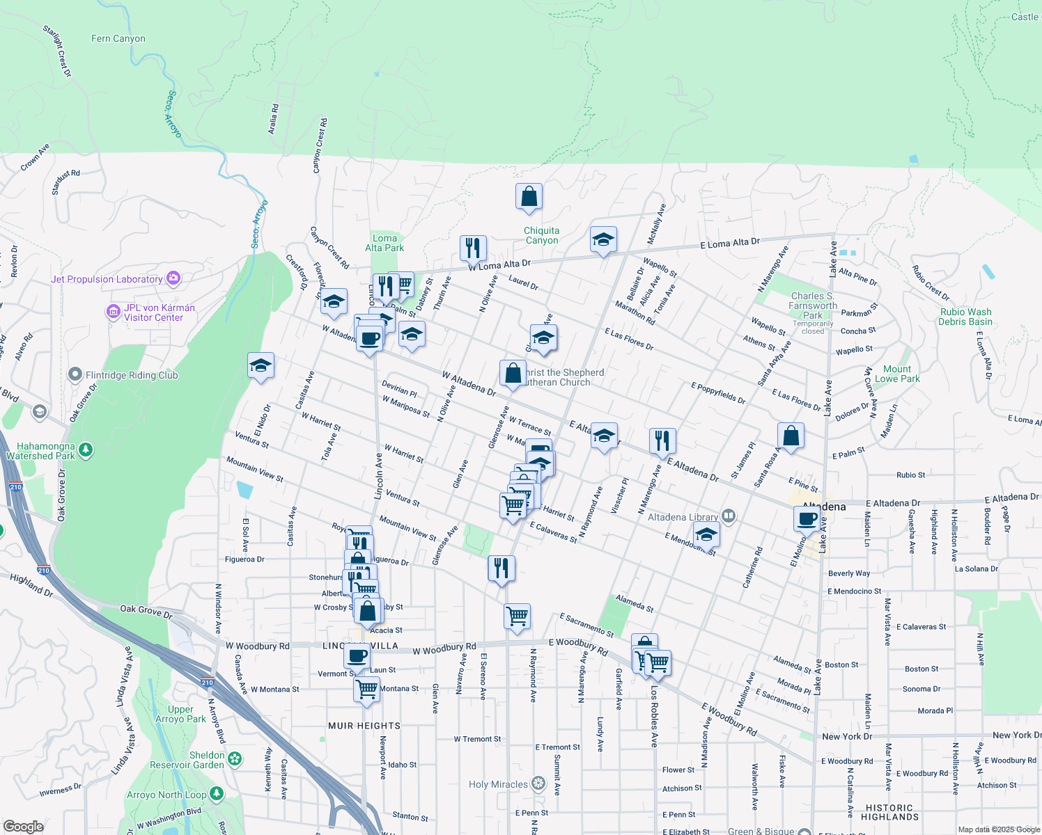 map of restaurants, bars, coffee shops, grocery stores, and more near 121 West Terrace Street in Altadena