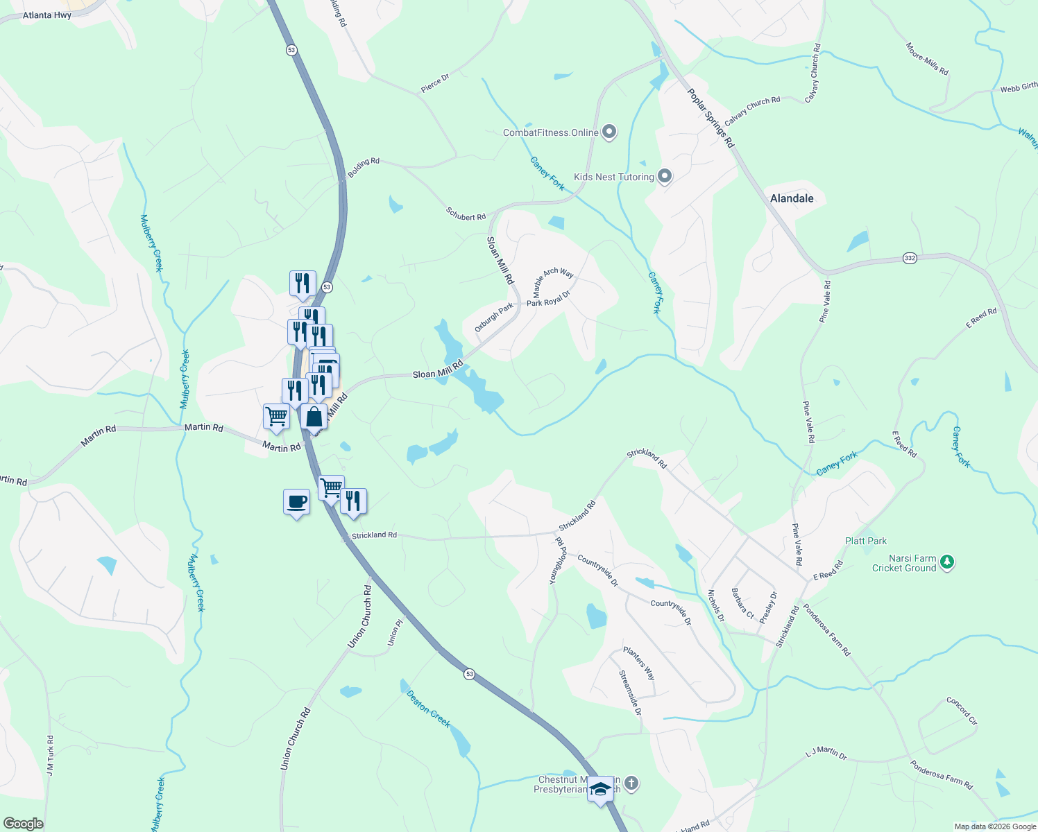 map of restaurants, bars, coffee shops, grocery stores, and more near 4490 Longmead Road in Flowery Branch