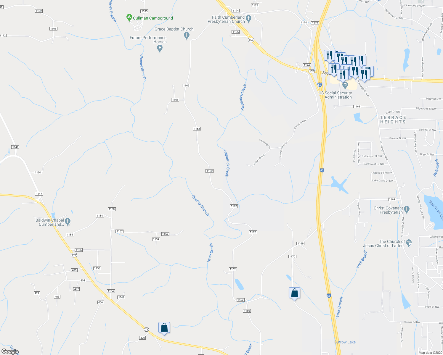 map of restaurants, bars, coffee shops, grocery stores, and more near 1454 County Road 1162 in Cullman