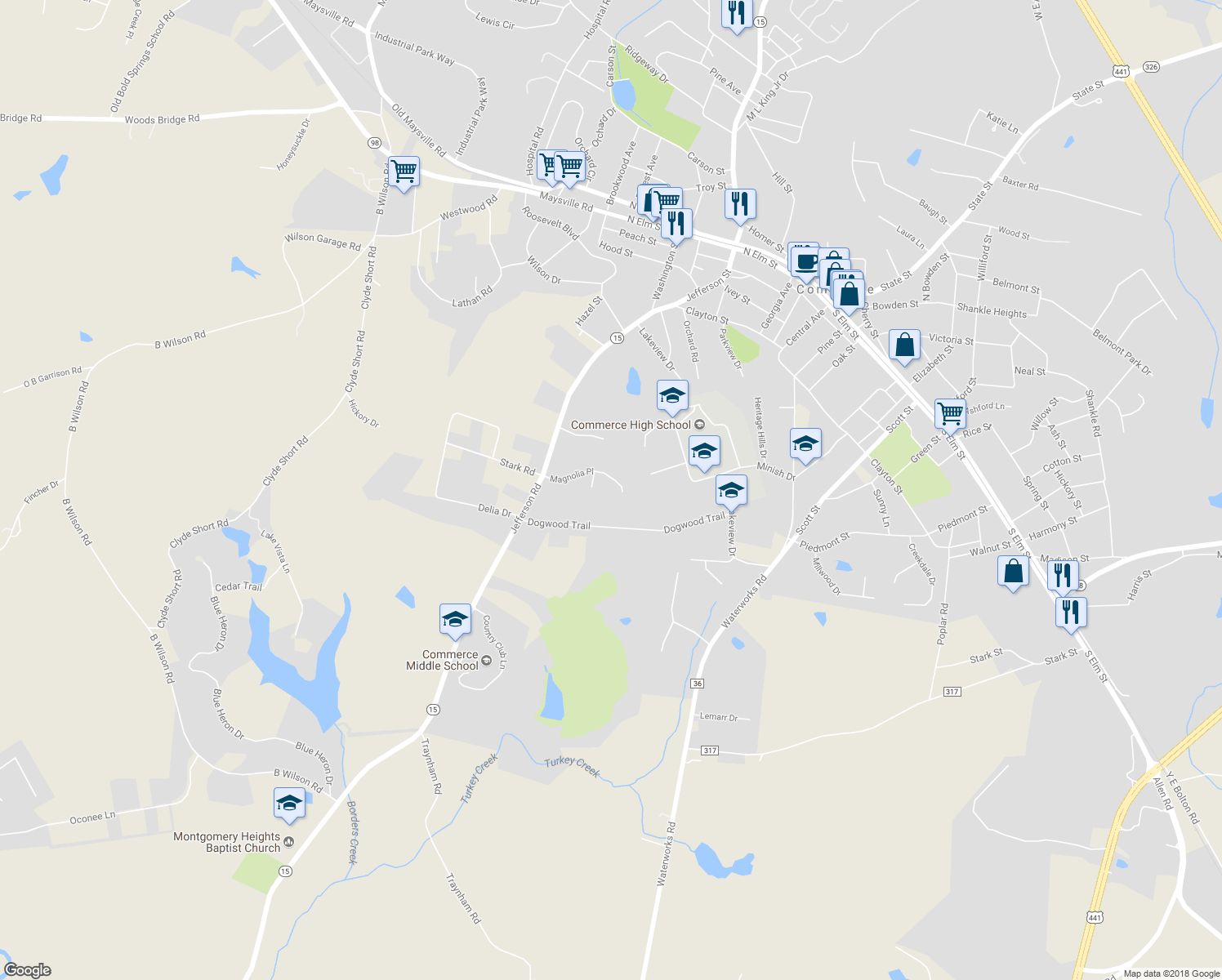 map of restaurants, bars, coffee shops, grocery stores, and more near 244 Magnolia Place in Commerce