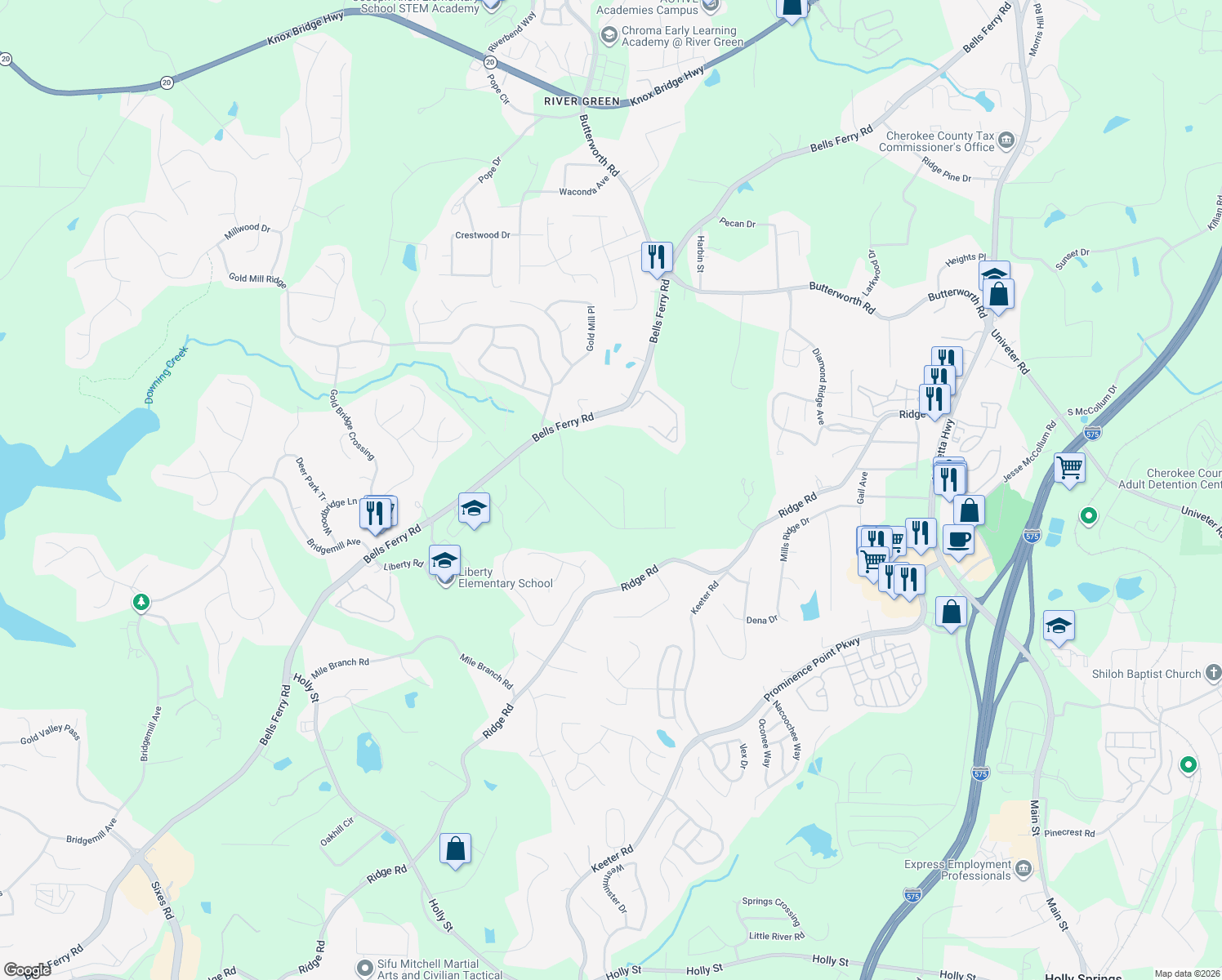 map of restaurants, bars, coffee shops, grocery stores, and more near 1452 White Path Trail in Canton
