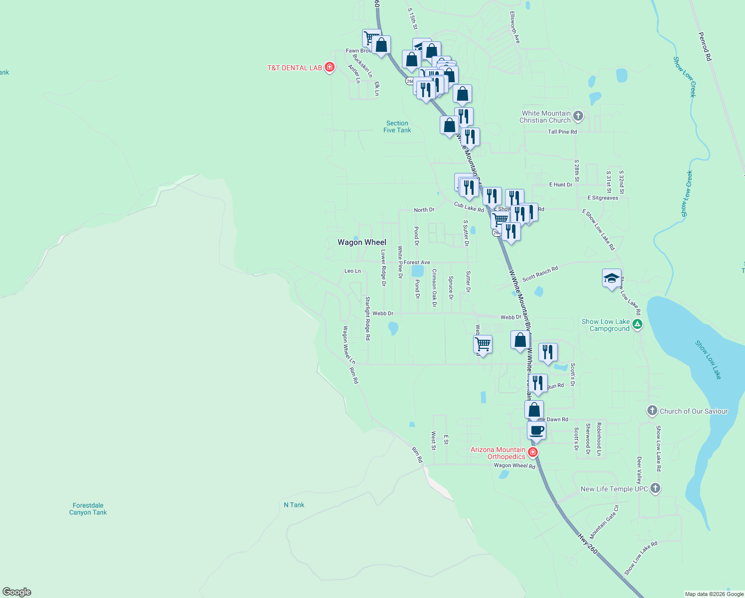 map of restaurants, bars, coffee shops, grocery stores, and more near 6101 Starlight Ridge Road in Navajo County