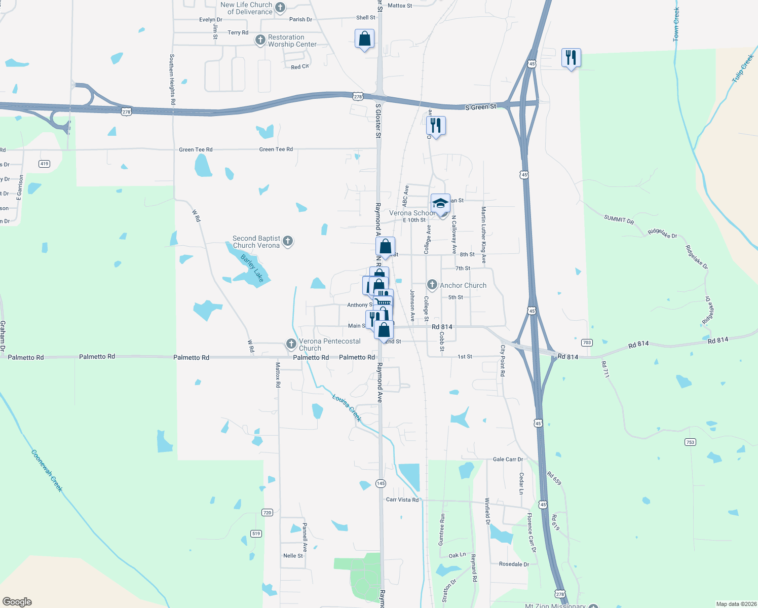 map of restaurants, bars, coffee shops, grocery stores, and more near 165 Anthony St in Tupelo