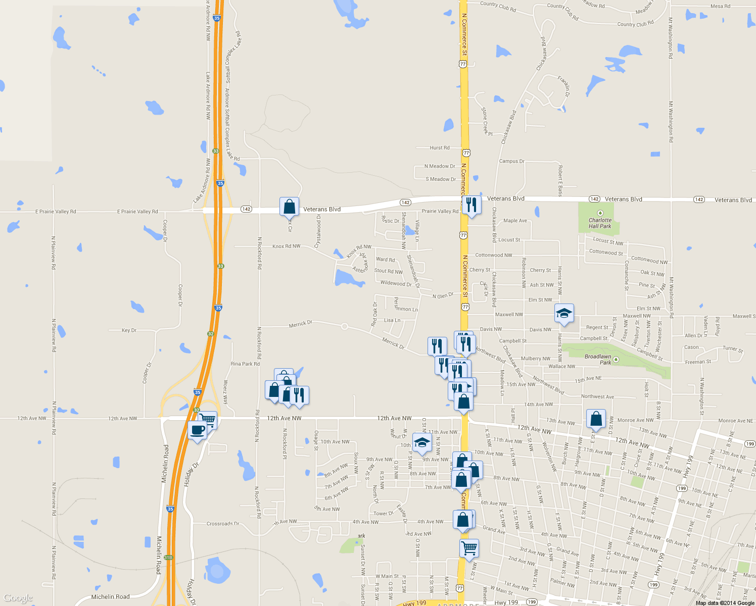 map of restaurants, bars, coffee shops, grocery stores, and more near 1916 Red Oak Dr in Ardmore