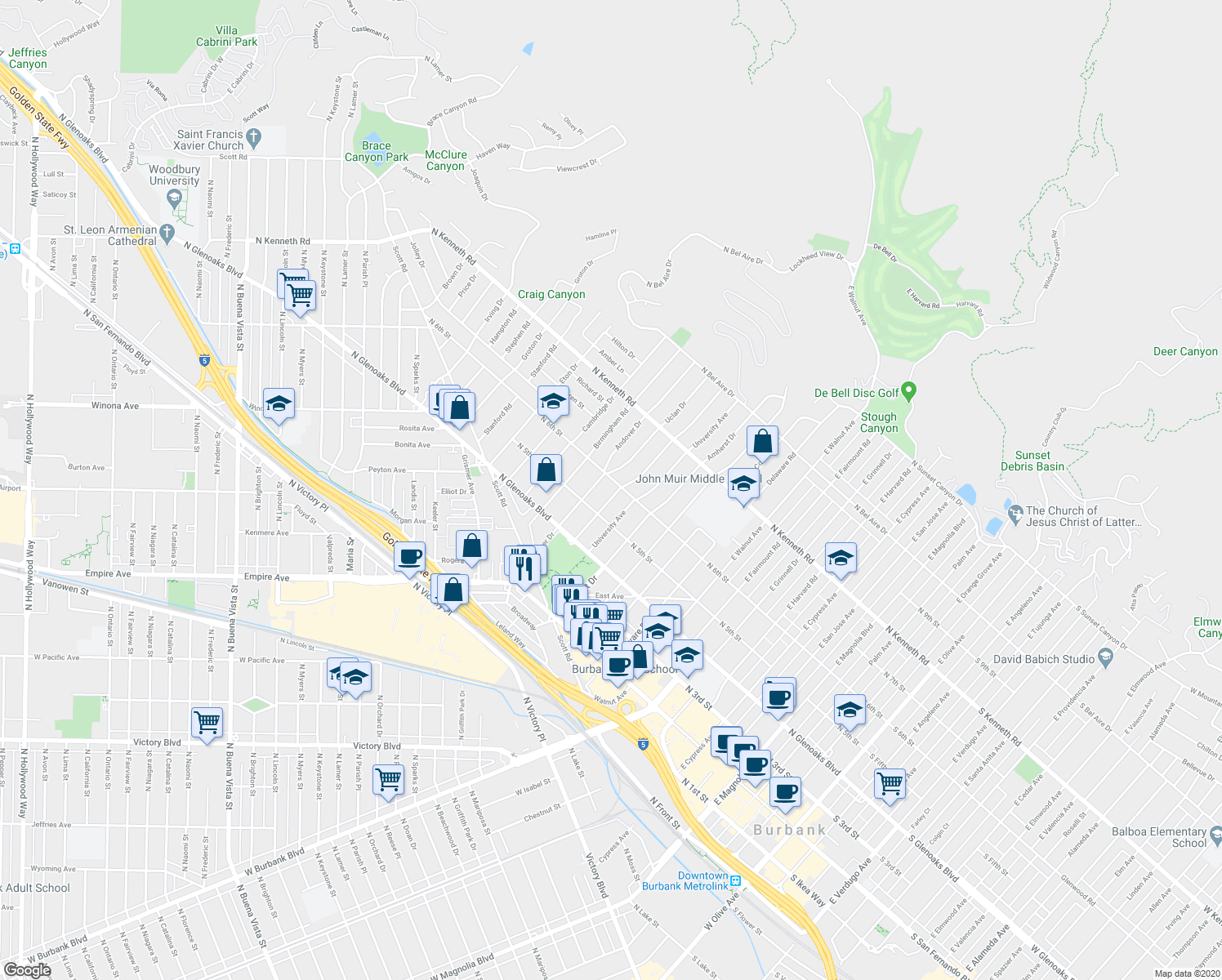 map of restaurants, bars, coffee shops, grocery stores, and more near 531 Tufts Avenue in Burbank