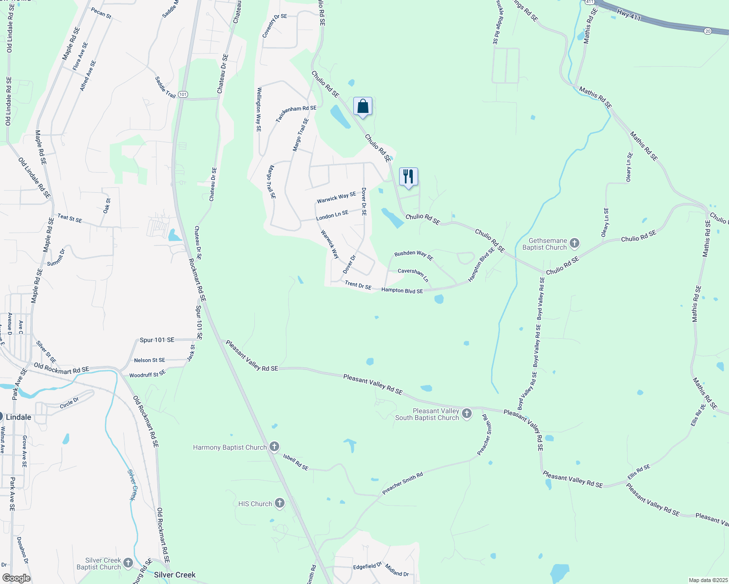 map of restaurants, bars, coffee shops, grocery stores, and more near 12 Trent Drive Southeast in Rome