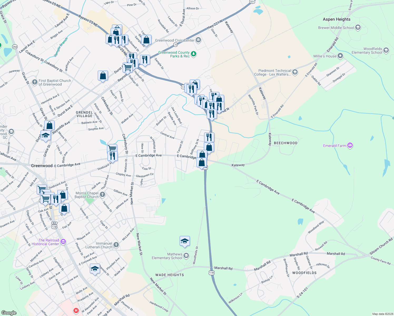 map of restaurants, bars, coffee shops, grocery stores, and more near 1320 Cambridge Road in Greenwood
