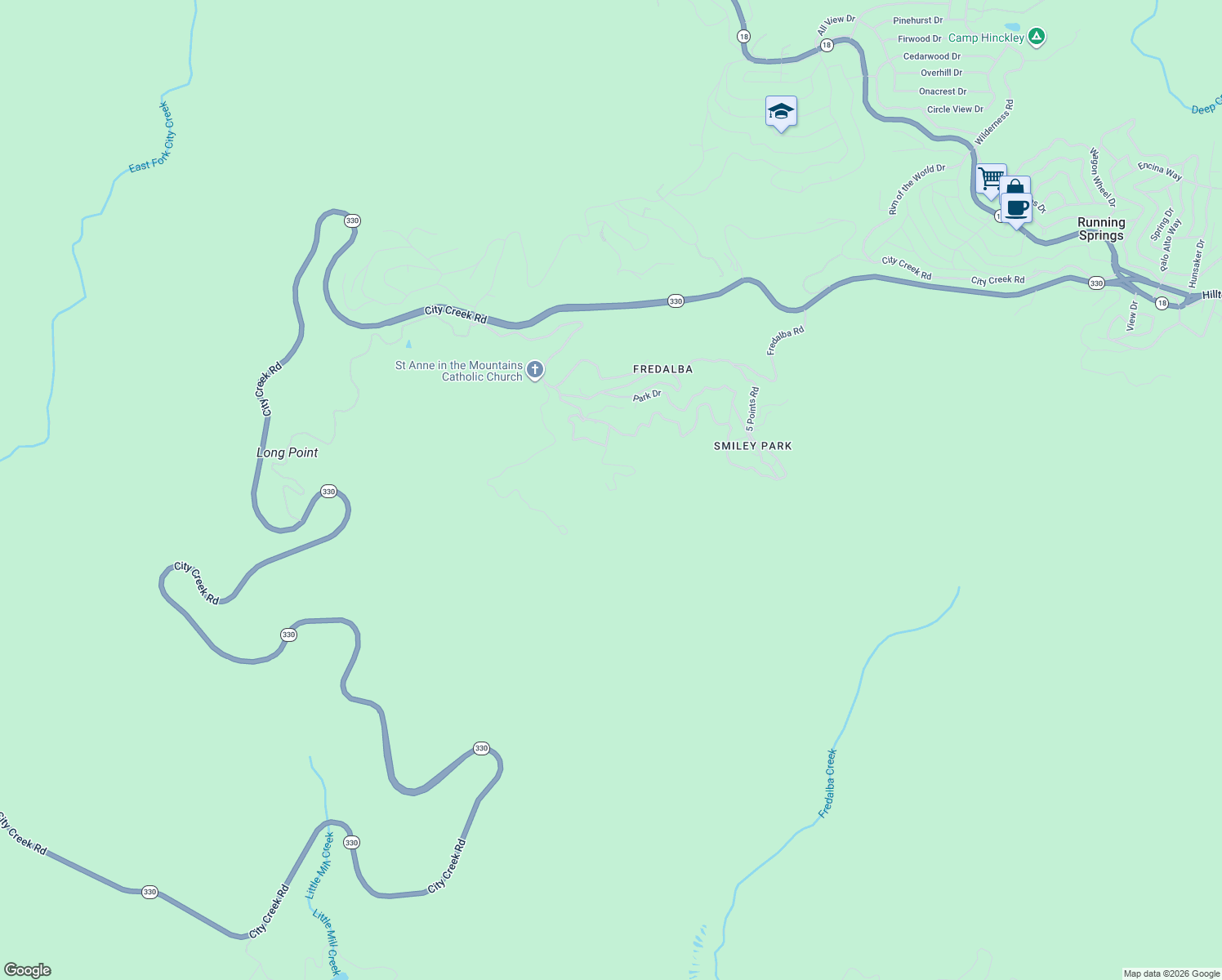 map of restaurants, bars, coffee shops, grocery stores, and more near 15 Manzanita Road in Running Springs