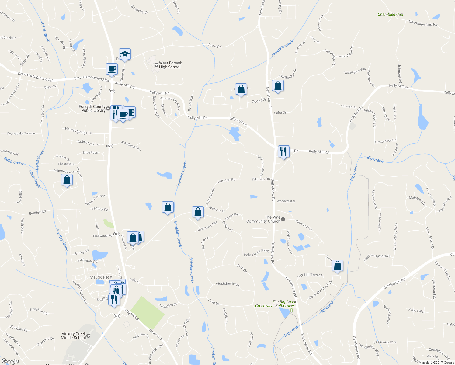 map of restaurants, bars, coffee shops, grocery stores, and more near 4735 Pittman Road in Cumming