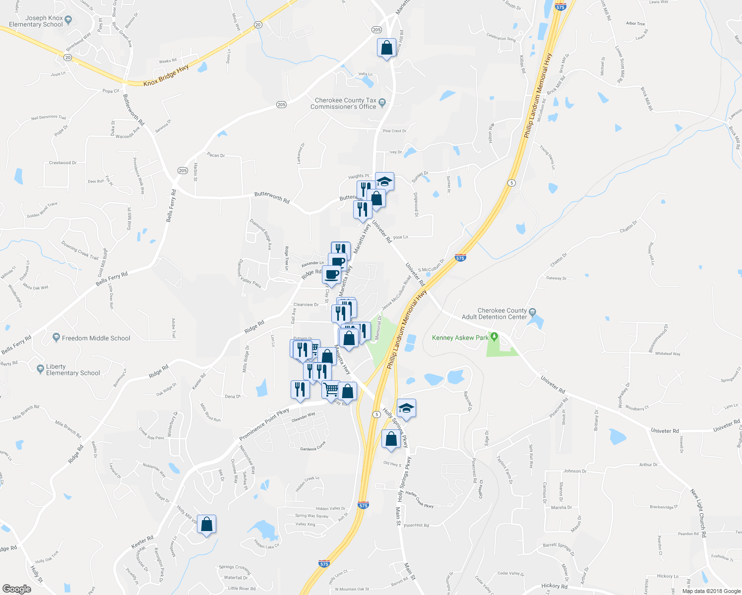 map of restaurants, bars, coffee shops, grocery stores, and more near 251 Cottonwood Creek Circle in Canton