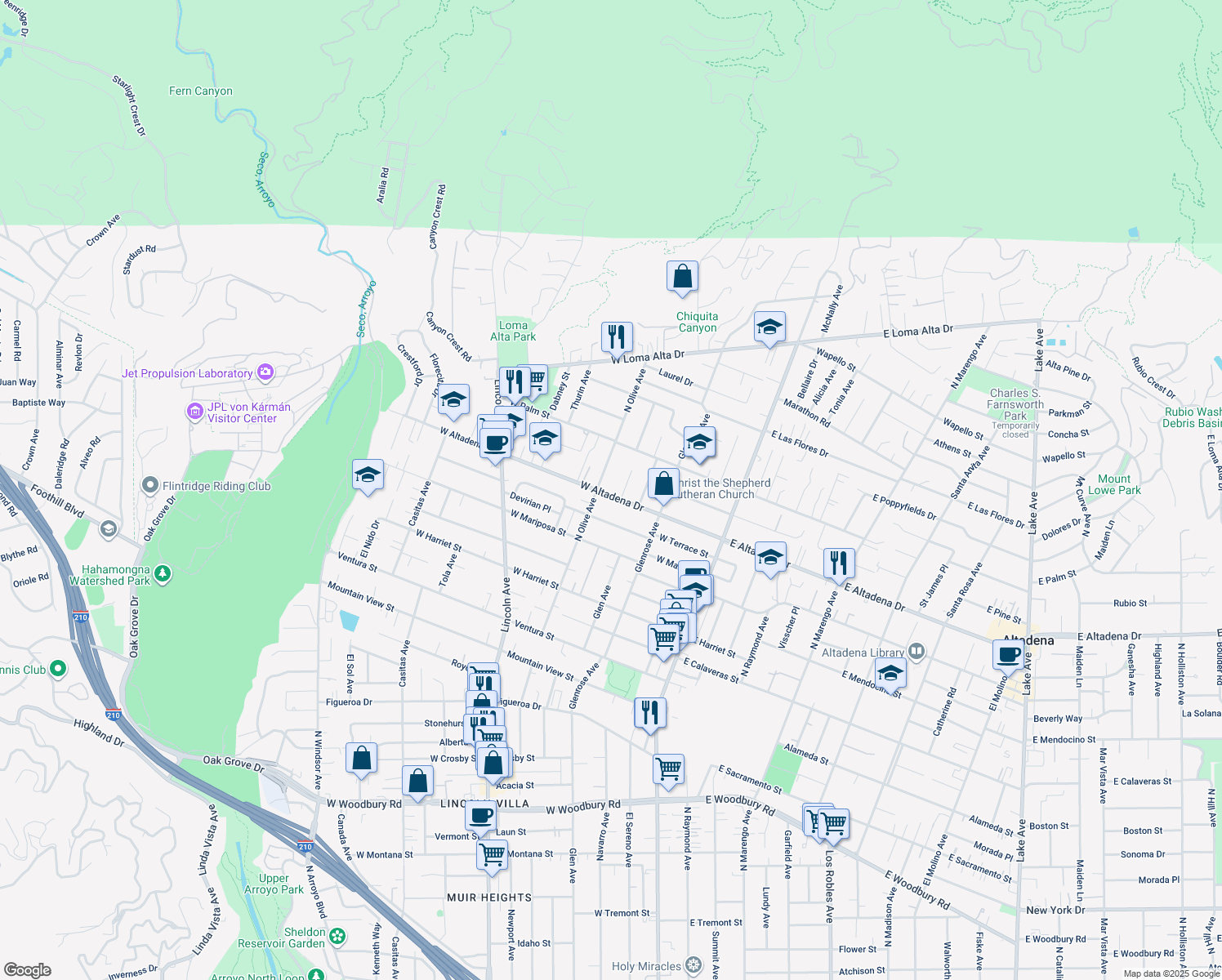 map of restaurants, bars, coffee shops, grocery stores, and more near 303 West Altadena Drive in Altadena