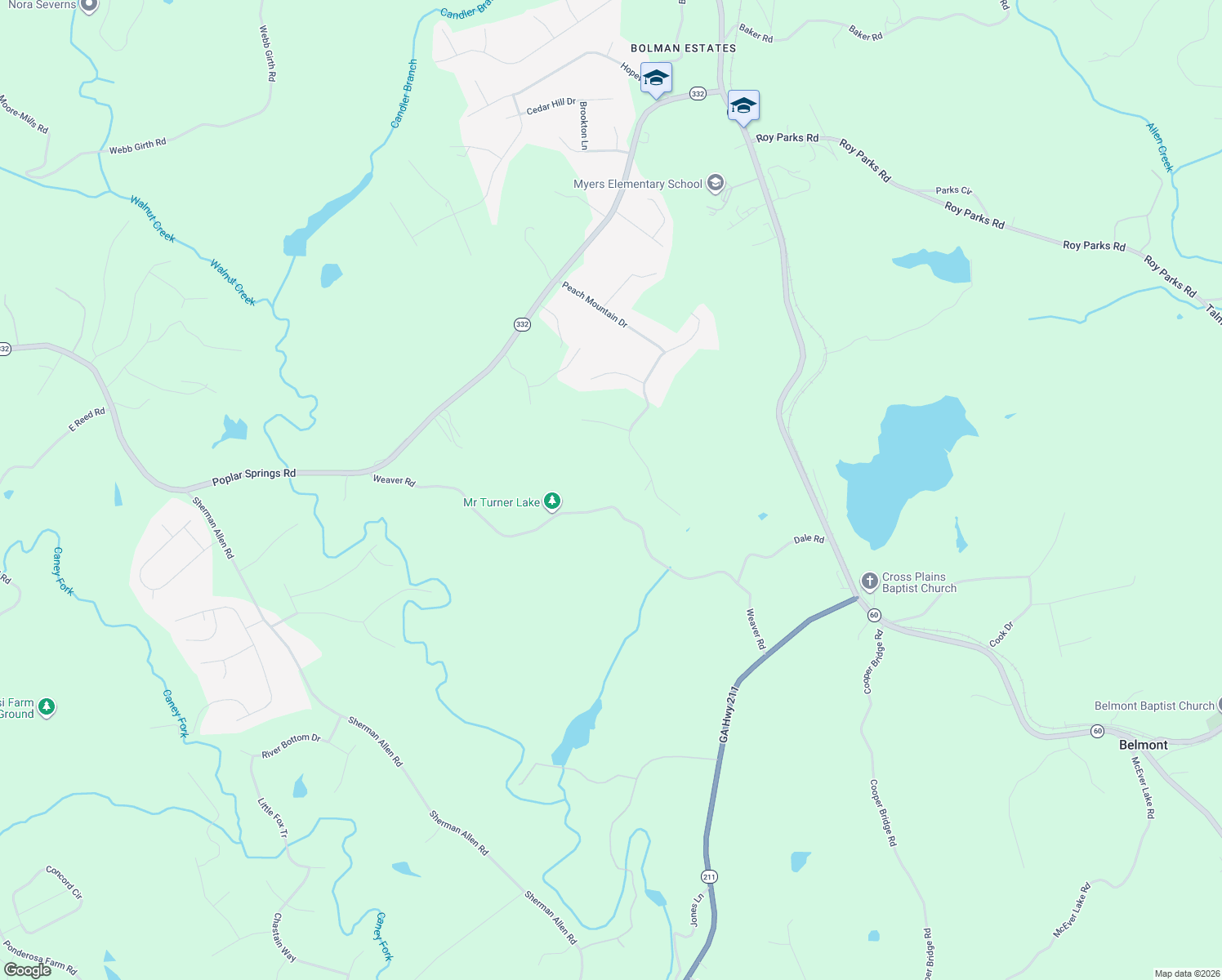 map of restaurants, bars, coffee shops, grocery stores, and more near 4945 Weaver Road in Gainesville