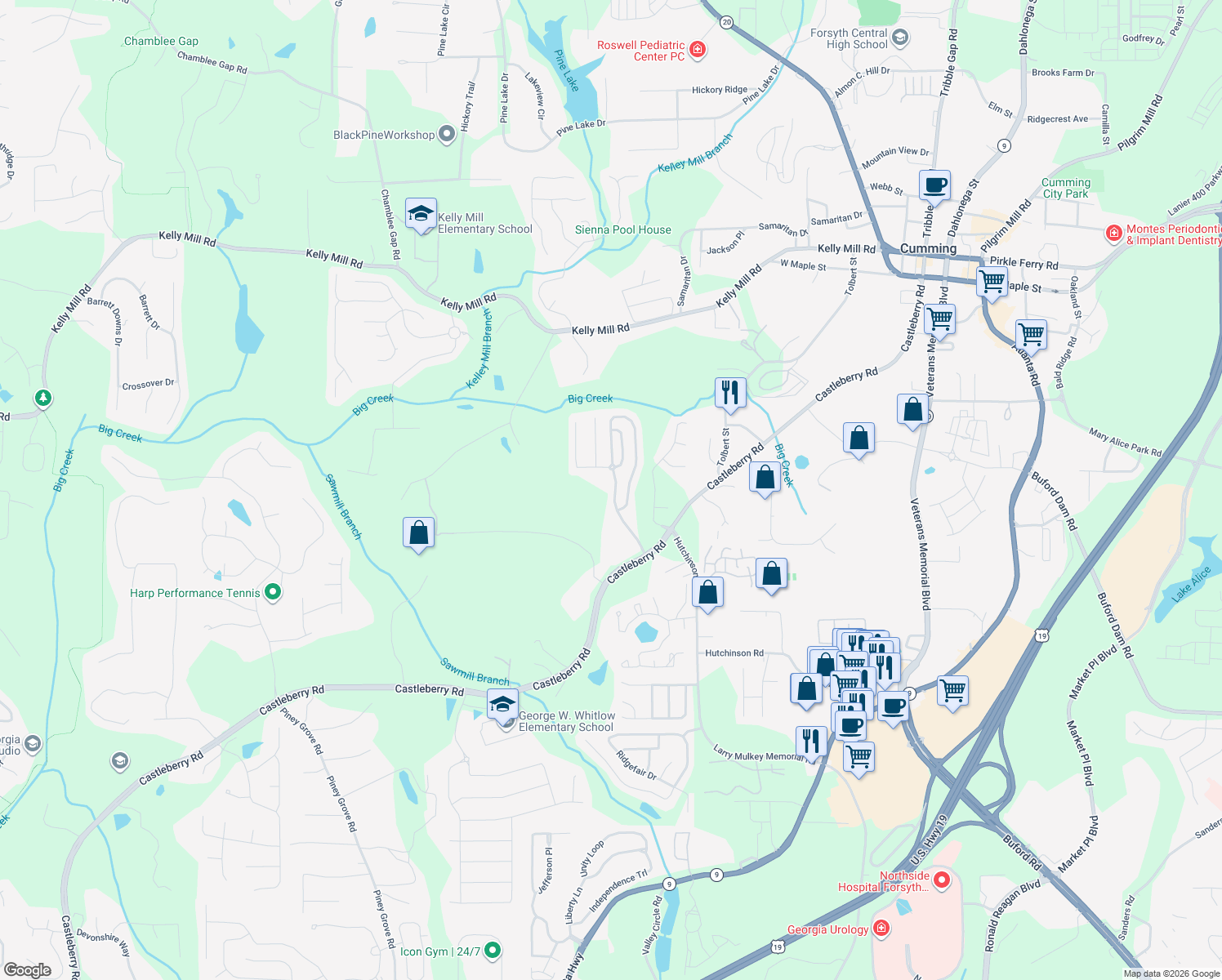 map of restaurants, bars, coffee shops, grocery stores, and more near 3321 Castleberry Village Drive in Cumming