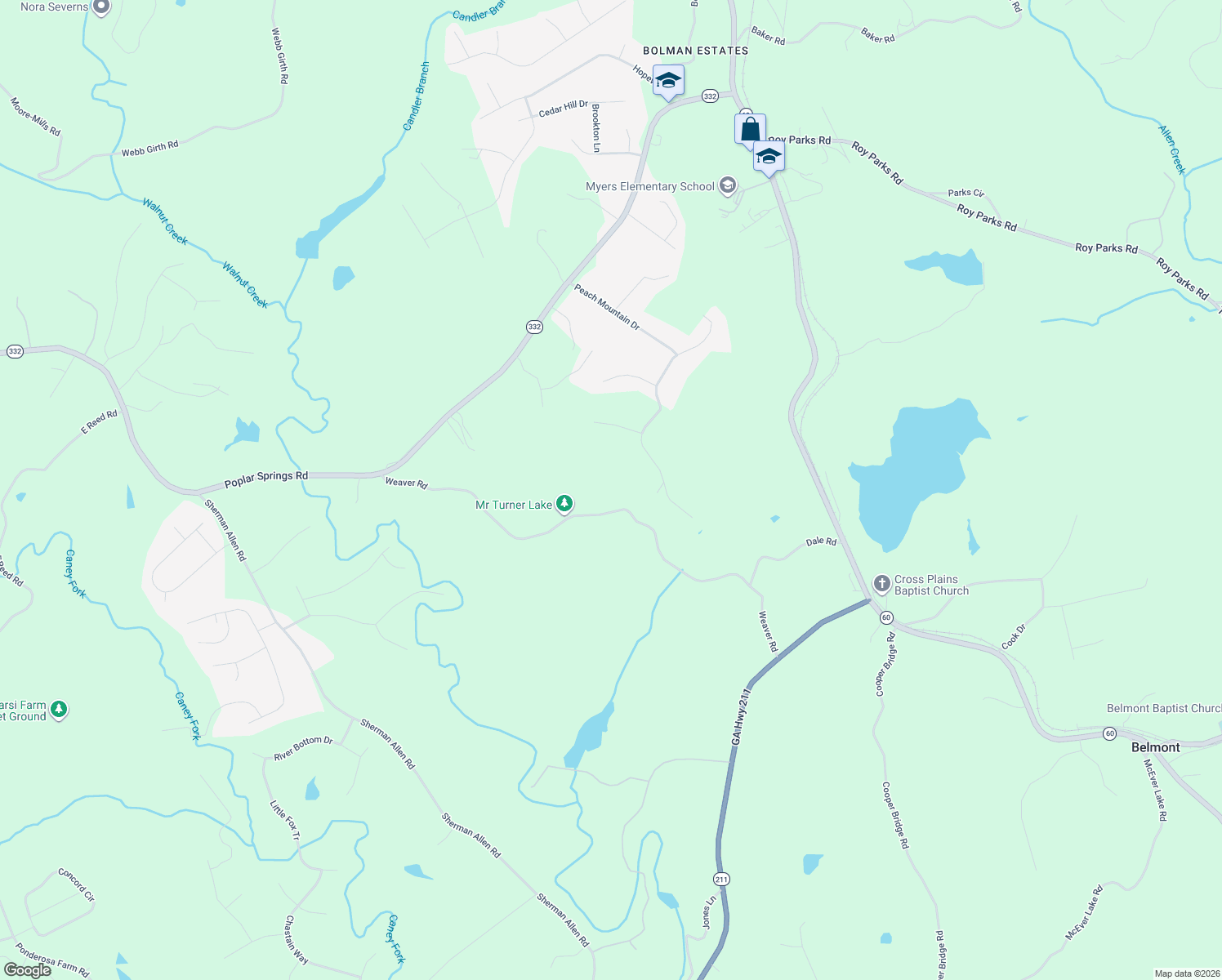 map of restaurants, bars, coffee shops, grocery stores, and more near 4945 Weaver Road in Gainesville