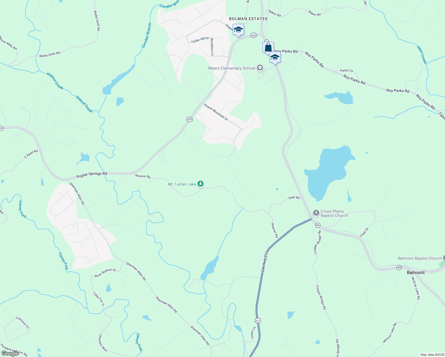 map of restaurants, bars, coffee shops, grocery stores, and more near 4947 Weaver Road in Gainesville