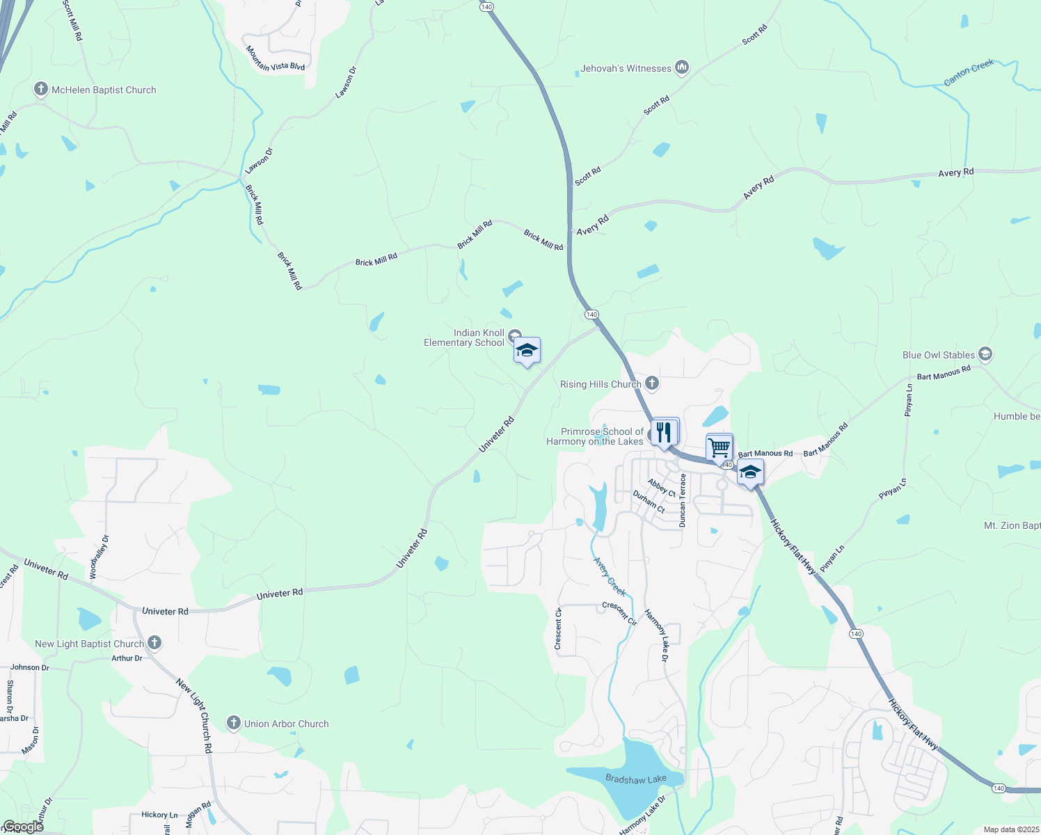 map of restaurants, bars, coffee shops, grocery stores, and more near 3568 Univeter Road in Canton