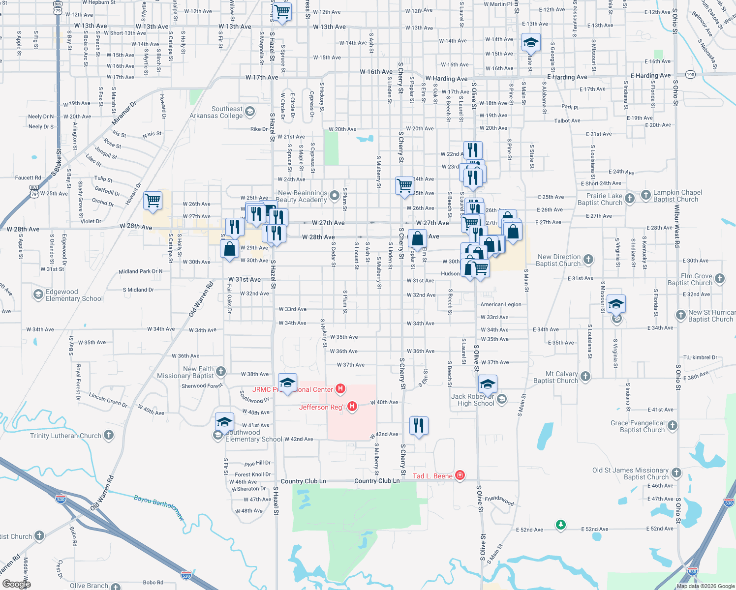 map of restaurants, bars, coffee shops, grocery stores, and more near 3201 South Ash Street in Pine Bluff