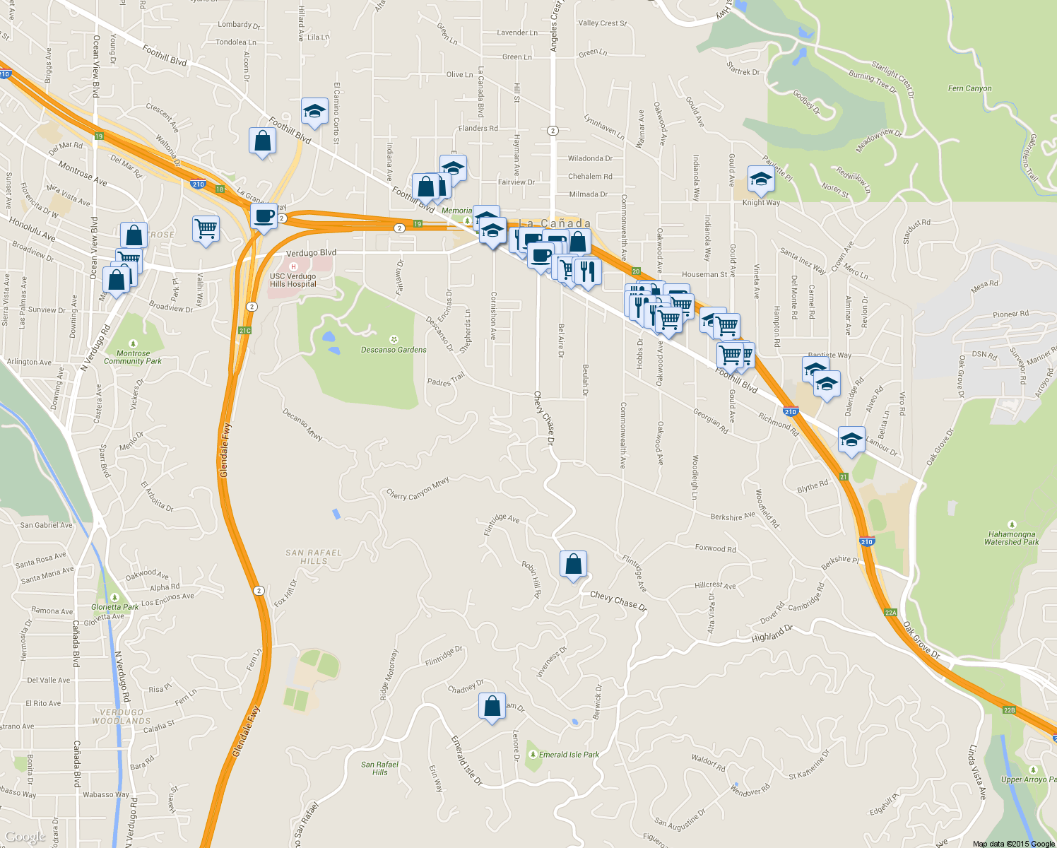 map of restaurants, bars, coffee shops, grocery stores, and more near 4281 Hampstead Road in La Cañada Flintridge