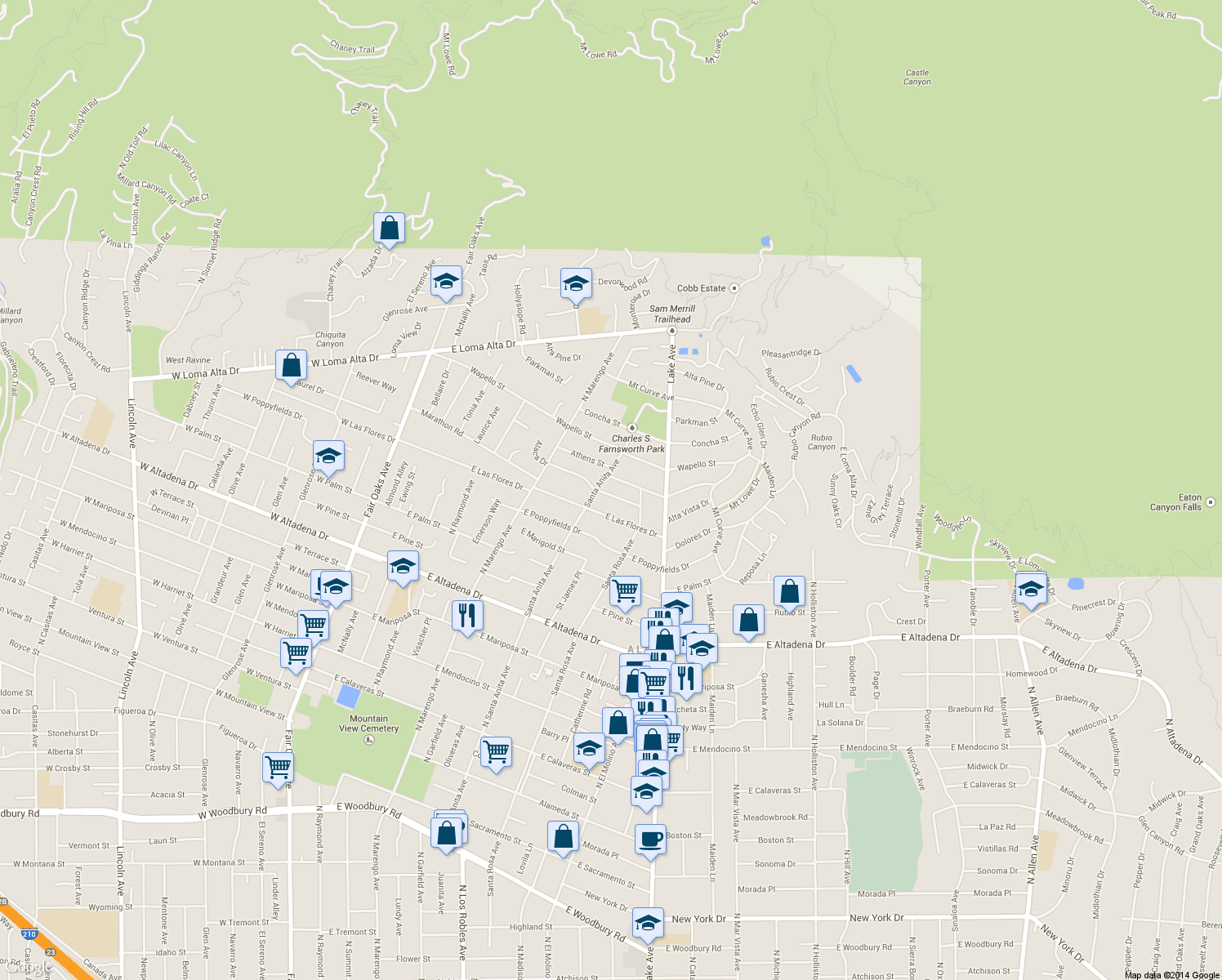 map of restaurants, bars, coffee shops, grocery stores, and more near 559 Punahou St in Altadena