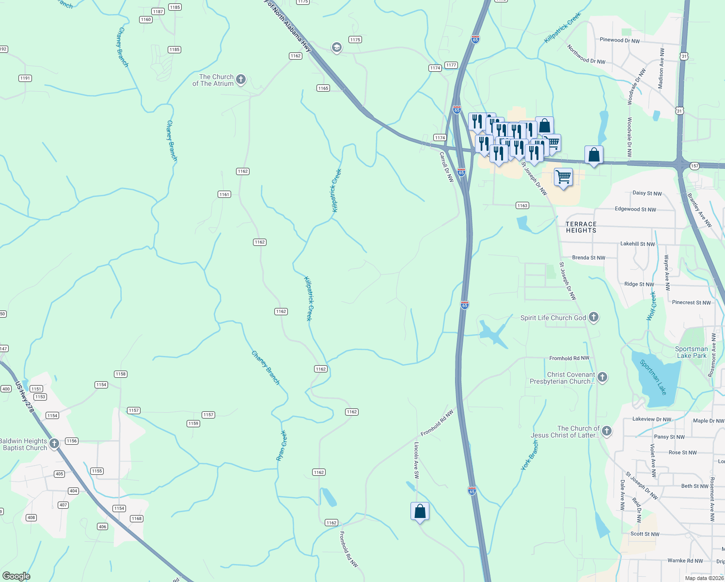 map of restaurants, bars, coffee shops, grocery stores, and more near 1818 Oxford Drive Northwest in Cullman