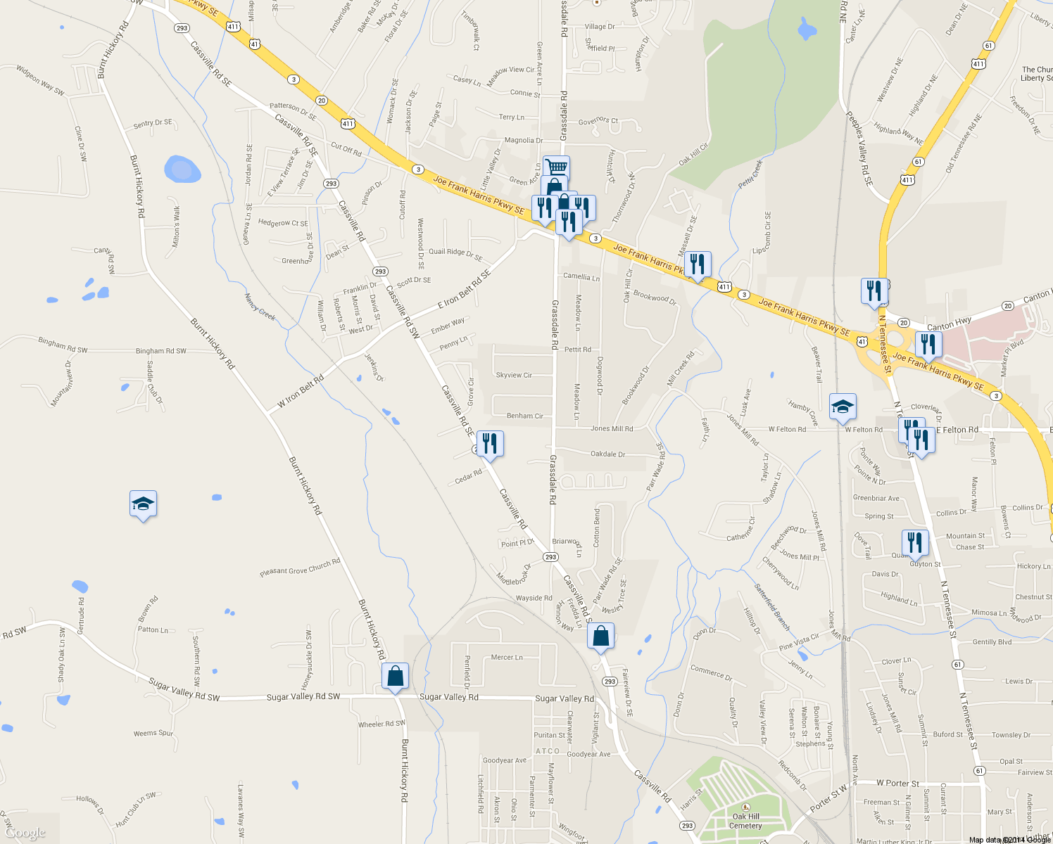 map of restaurants, bars, coffee shops, grocery stores, and more near 8 Benham Cir in Cartersville