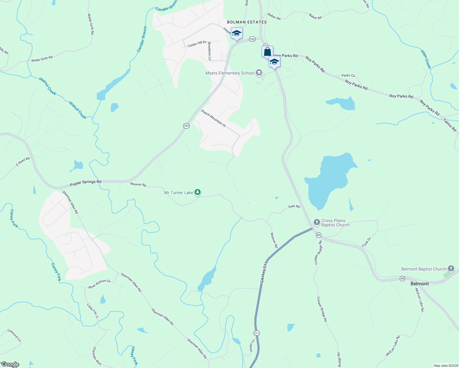 map of restaurants, bars, coffee shops, grocery stores, and more near 4947 Weaver Road in Gainesville