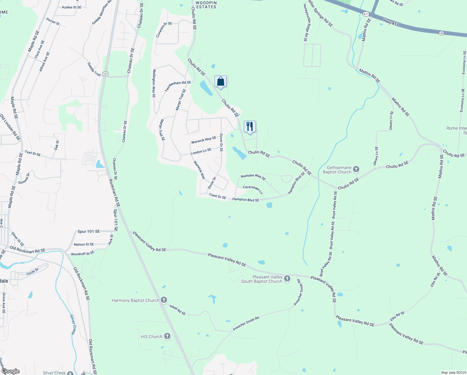 map of restaurants, bars, coffee shops, grocery stores, and more near 7 Rushden Way Southeast in Rome