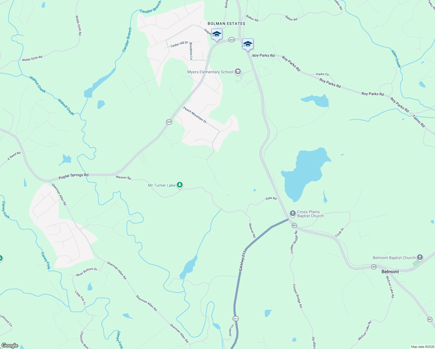 map of restaurants, bars, coffee shops, grocery stores, and more near 5091 Peach Mountain Circle in Gainesville