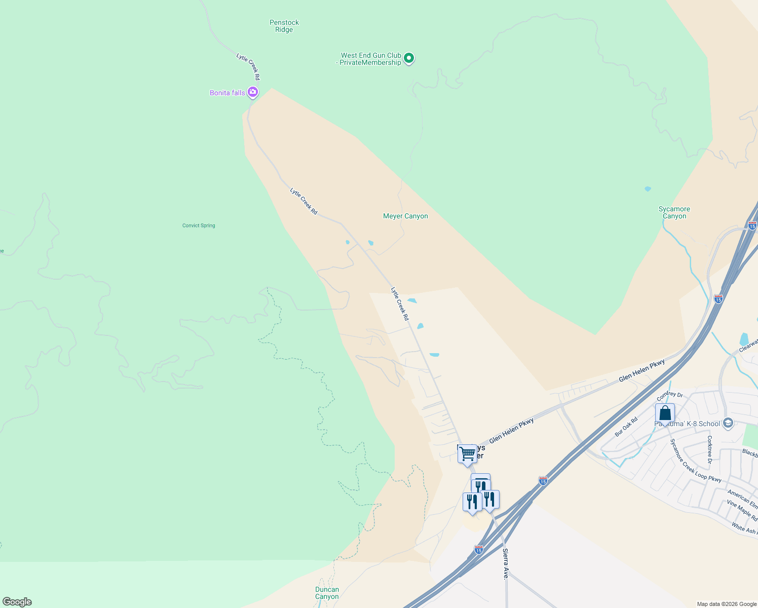 map of restaurants, bars, coffee shops, grocery stores, and more near 3108 Lytle Creek Road in Lytle Creek