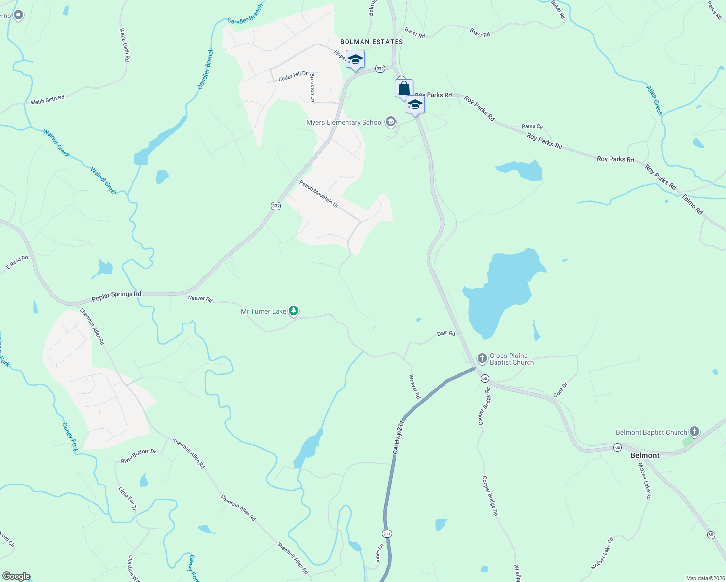 map of restaurants, bars, coffee shops, grocery stores, and more near 5091 Peach Mountain Circle in Gainesville