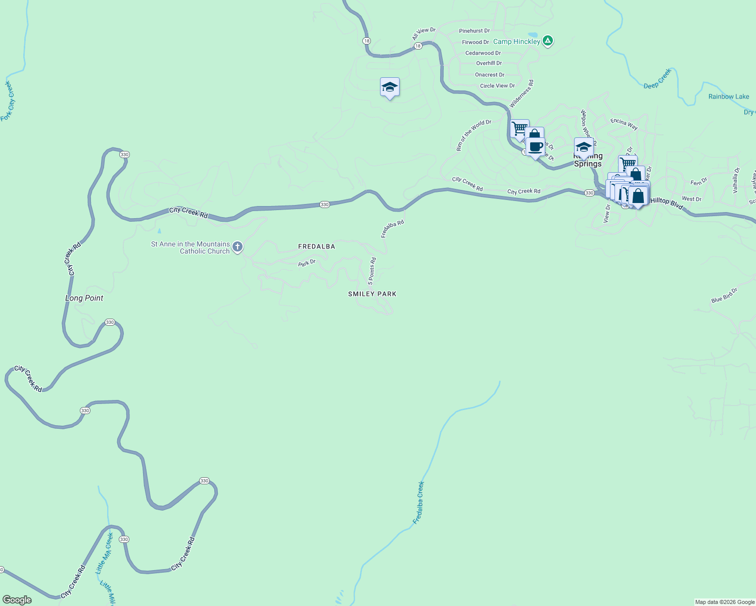 map of restaurants, bars, coffee shops, grocery stores, and more near 25 Pine Cone Curve in Running Springs