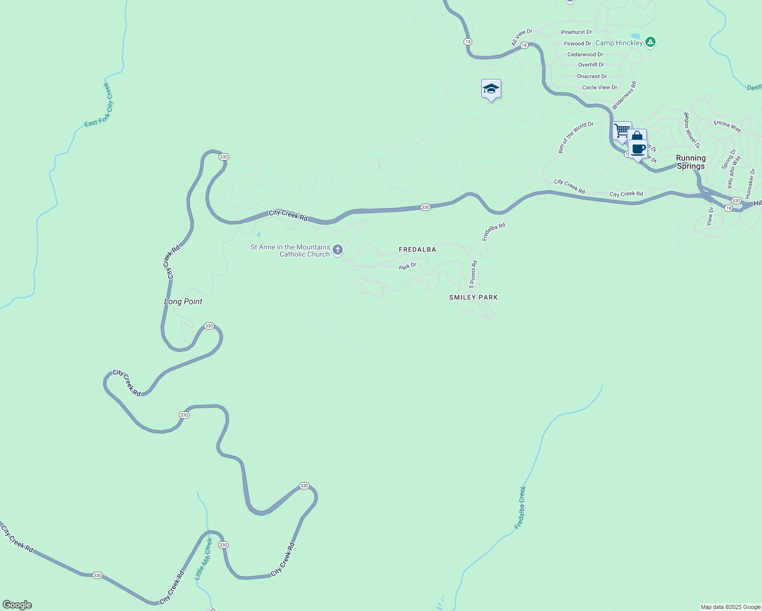 map of restaurants, bars, coffee shops, grocery stores, and more near 15 Manzanita Road in Running Springs