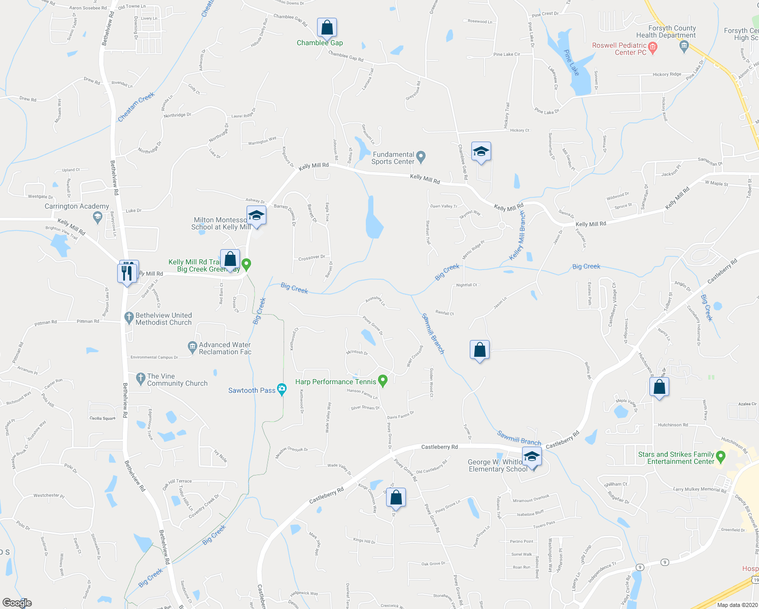 map of restaurants, bars, coffee shops, grocery stores, and more near 5420 Avonshire Lane in Cumming