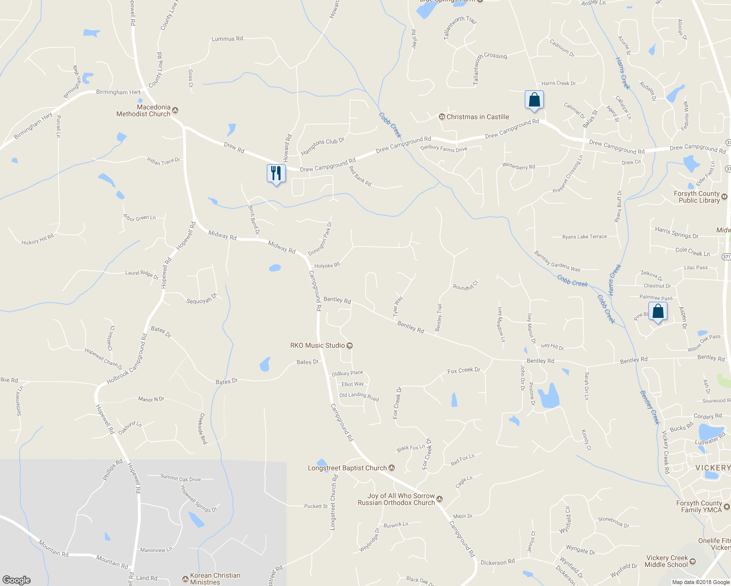map of restaurants, bars, coffee shops, grocery stores, and more near 6530 Bentley Ridge Drive in Cumming