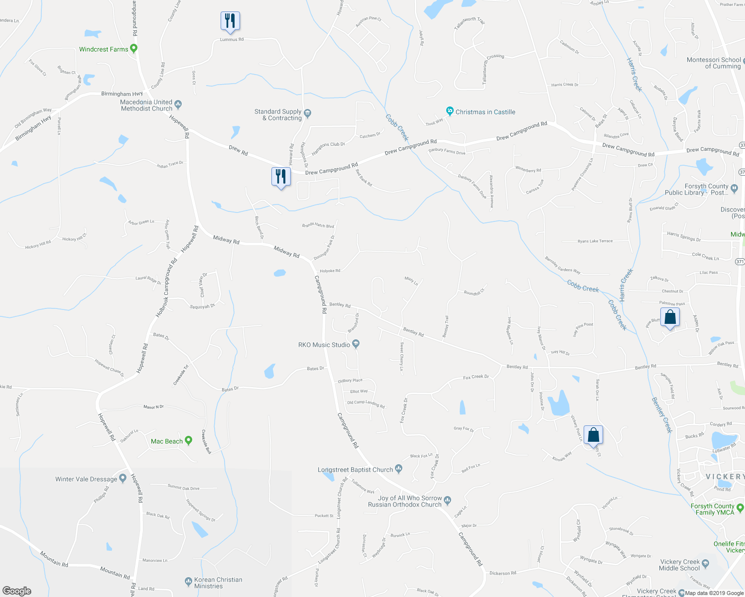 map of restaurants, bars, coffee shops, grocery stores, and more near 6565 Bentley Ridge Drive in Cumming