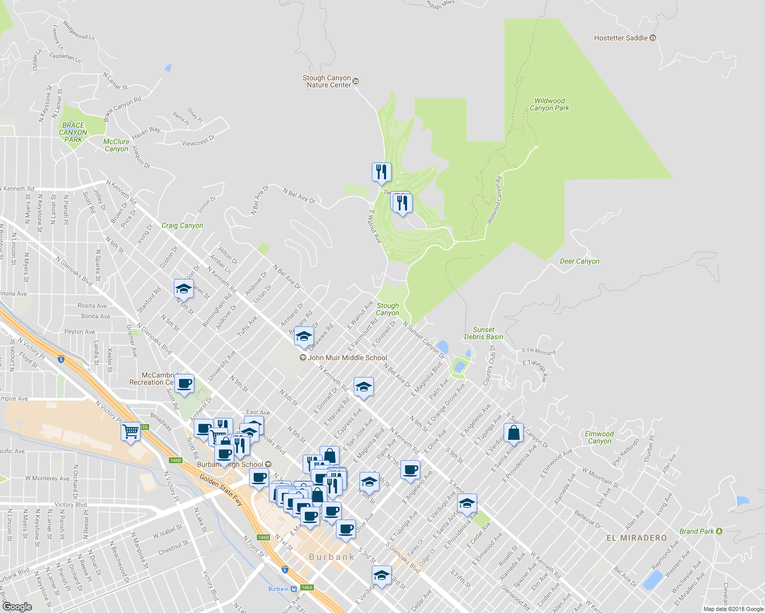 map of restaurants, bars, coffee shops, grocery stores, and more near 1083 East Fairmount Road in Burbank