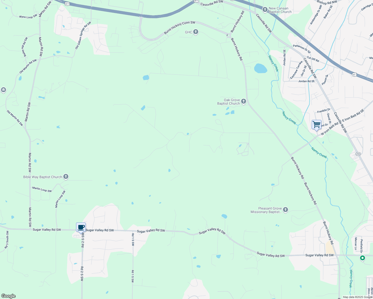 map of restaurants, bars, coffee shops, grocery stores, and more near 54 Twin Oaks Lane Southwest in Cartersville