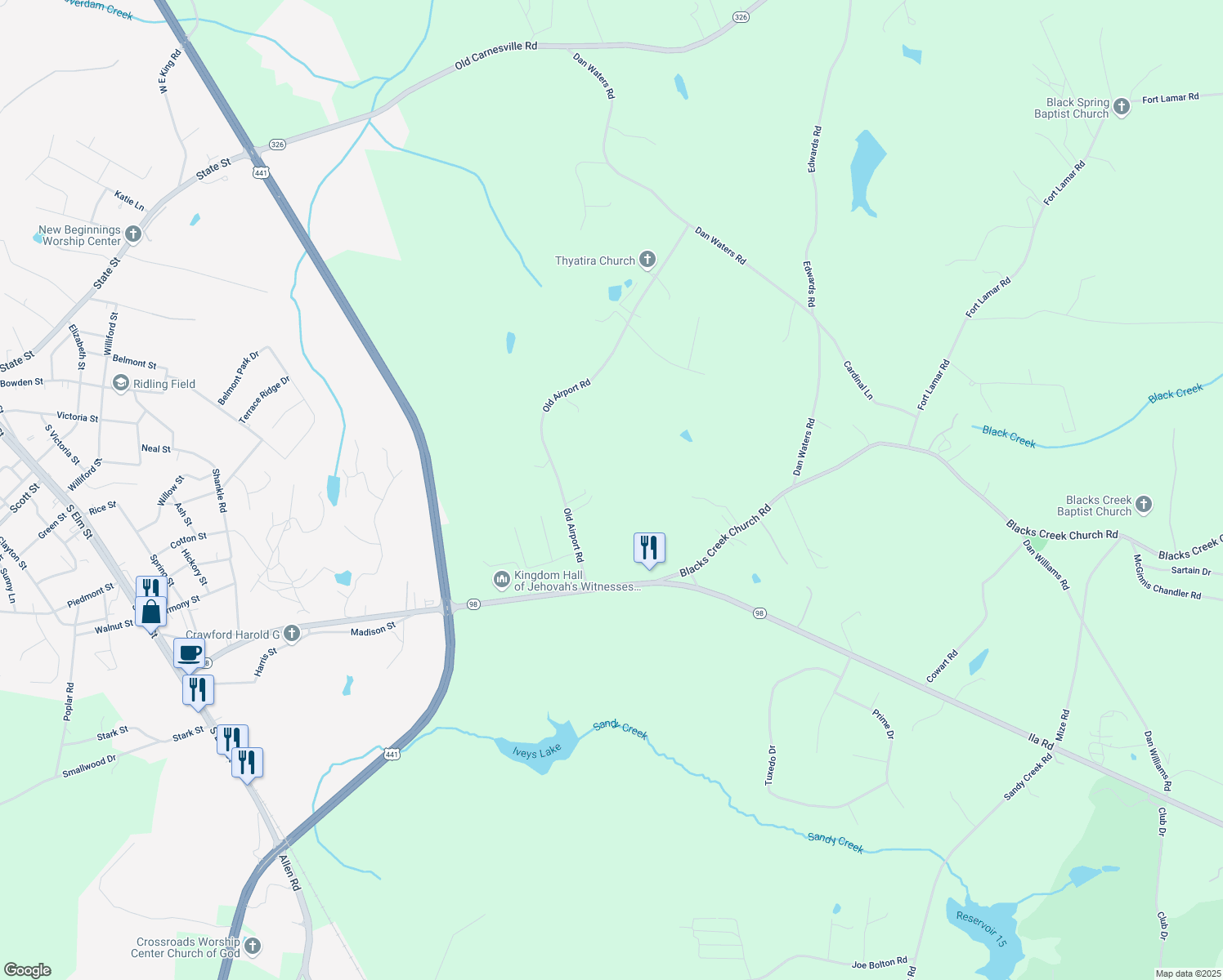 map of restaurants, bars, coffee shops, grocery stores, and more near 262 Old Airport Road in Commerce
