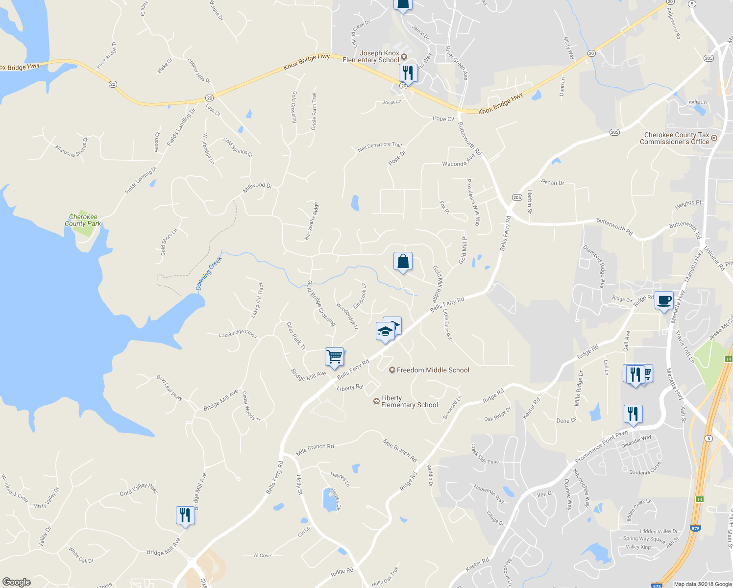 map of restaurants, bars, coffee shops, grocery stores, and more near 218 Elmbrook Lane in Canton