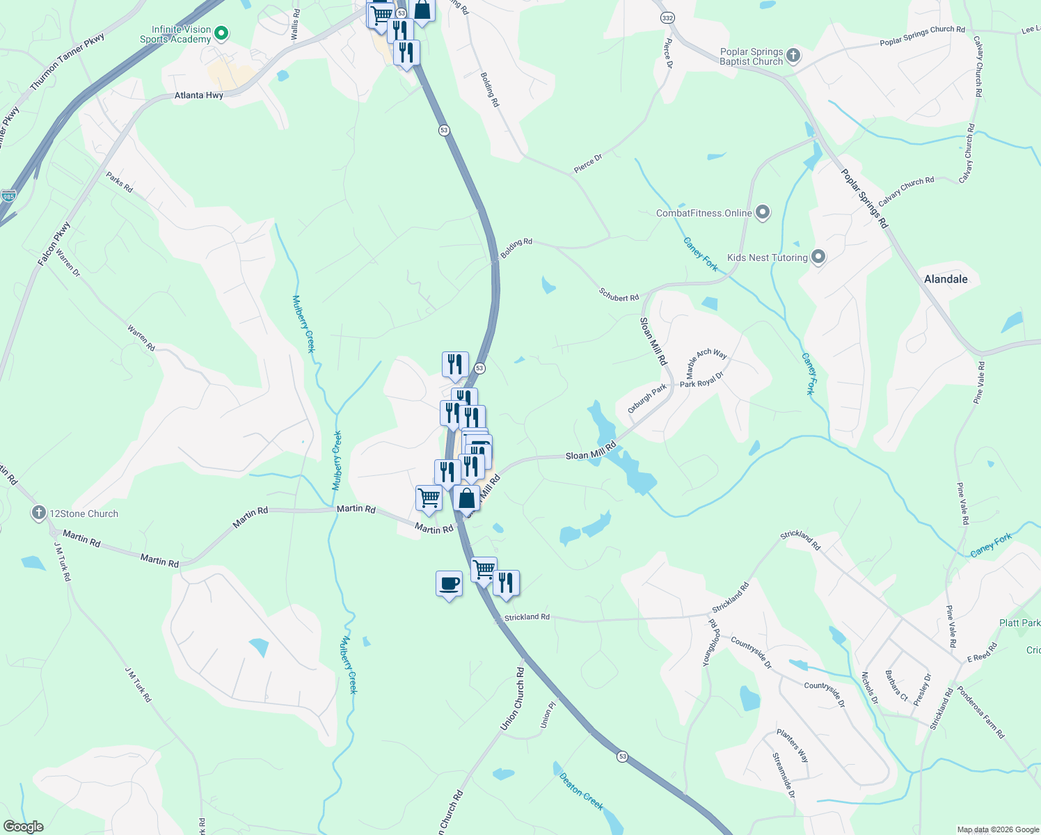 map of restaurants, bars, coffee shops, grocery stores, and more near 4625 Royal Lakes Dr in Flowery Branch
