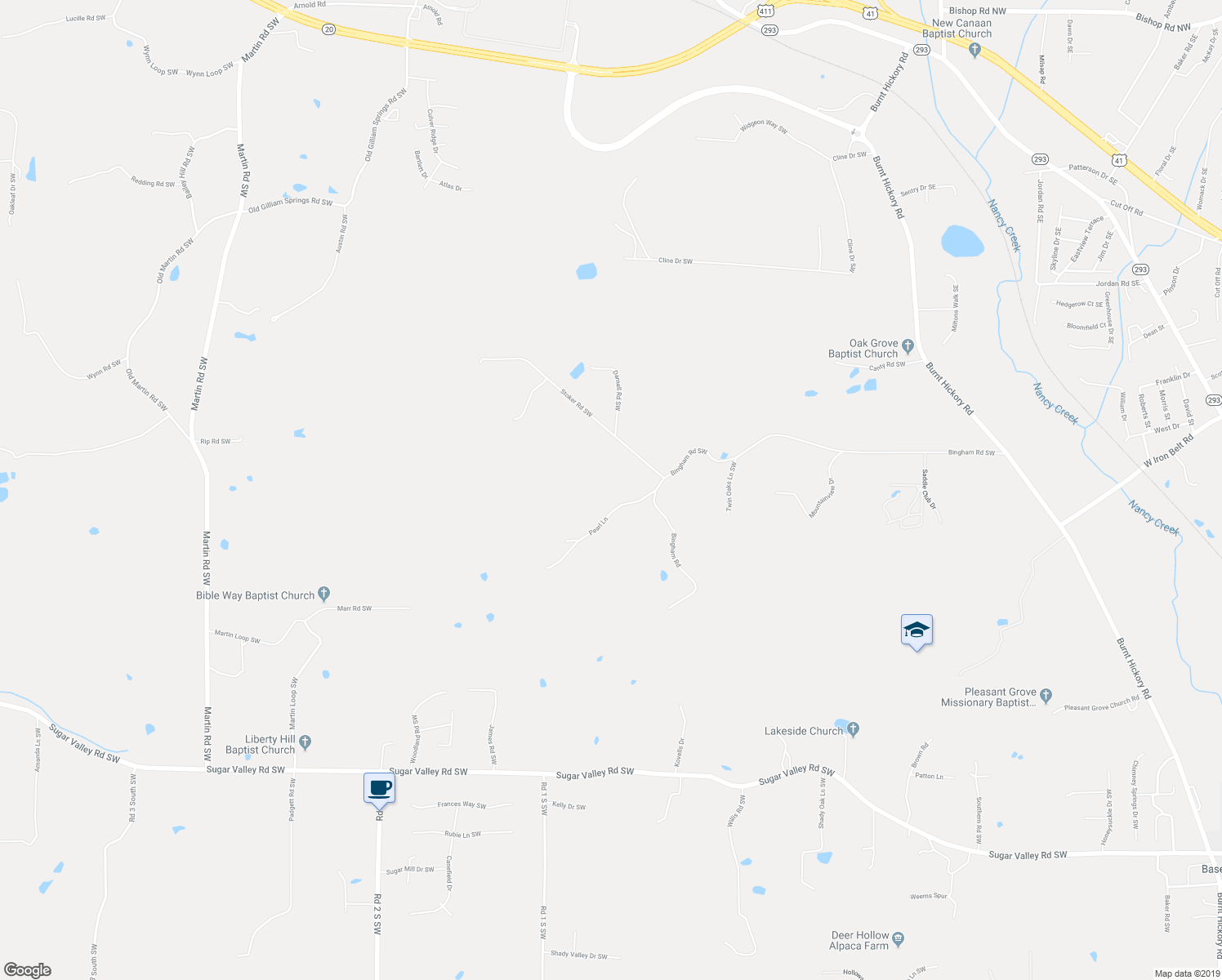 map of restaurants, bars, coffee shops, grocery stores, and more near 20 Pearl Lane in Cartersville