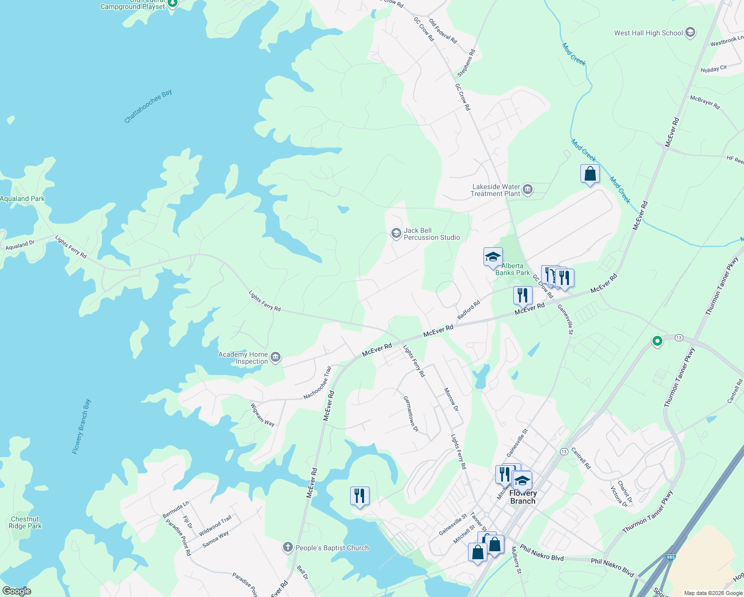 map of restaurants, bars, coffee shops, grocery stores, and more near 6205 Little Cove Drive in Flowery Branch