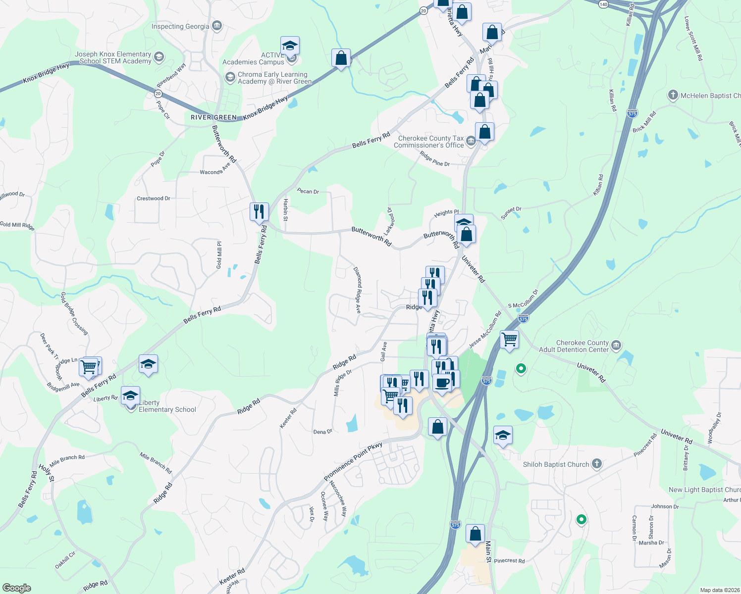 map of restaurants, bars, coffee shops, grocery stores, and more near 508 Sapphire Valley Lane in Canton