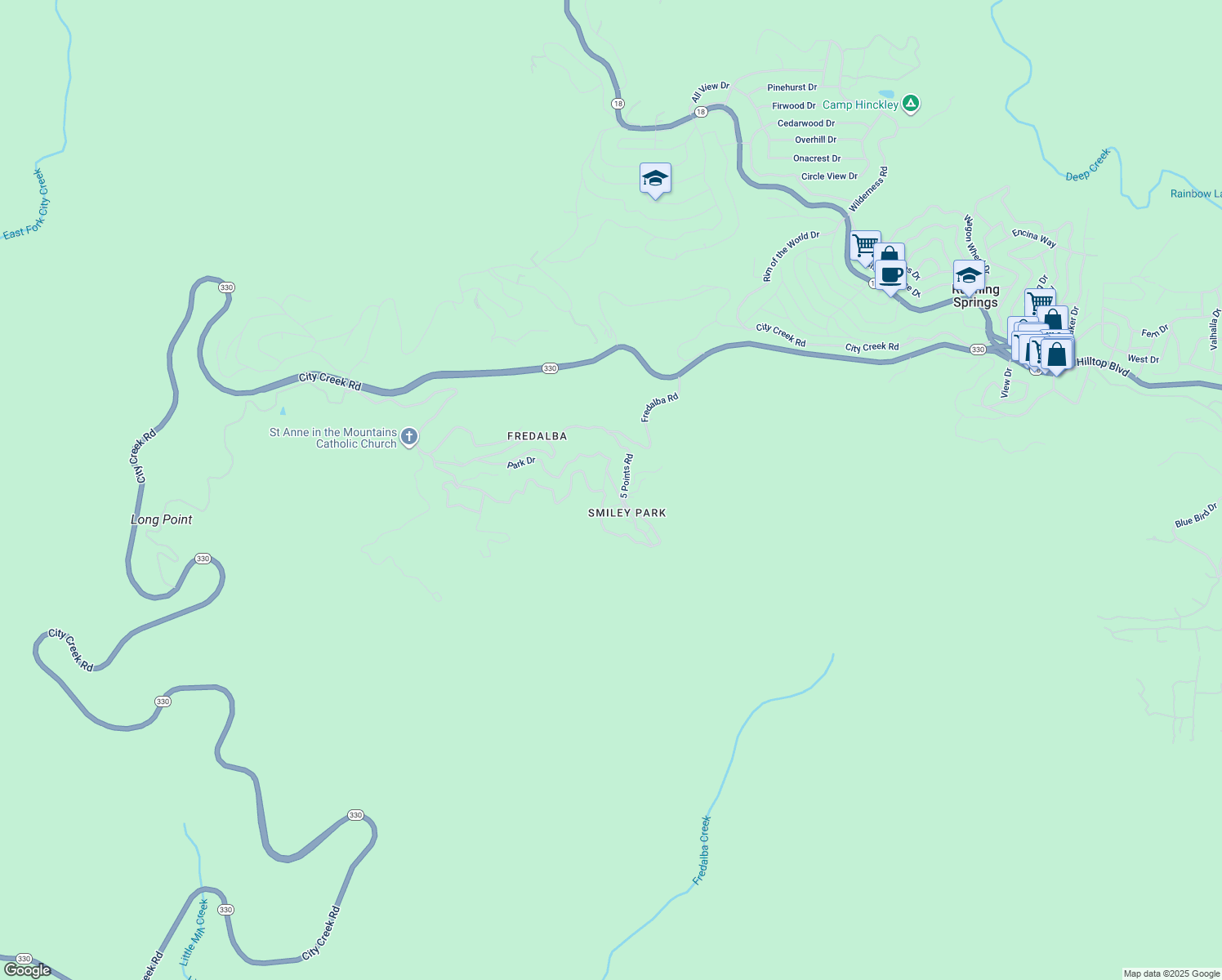 map of restaurants, bars, coffee shops, grocery stores, and more near 2 Hill Road in Running Springs