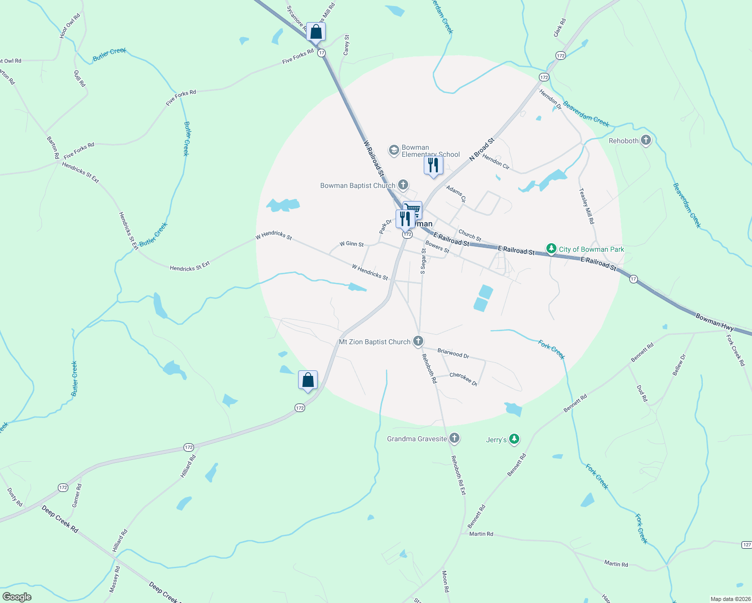 map of restaurants, bars, coffee shops, grocery stores, and more near 241 Broad Street in Bowman